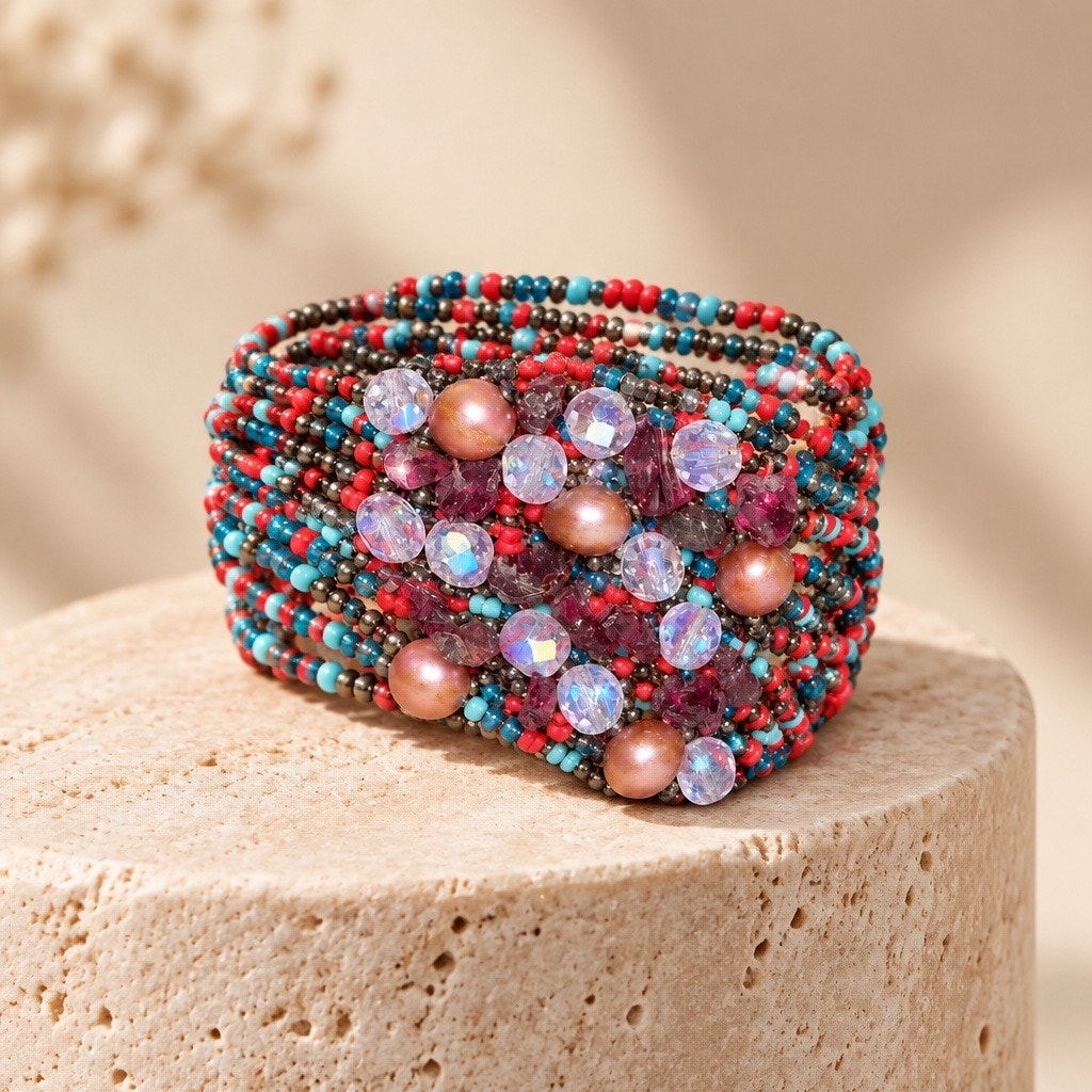Chunky Artisan Beaded Cuff • Mixed Seed Beads with Gemstone Cluster Center