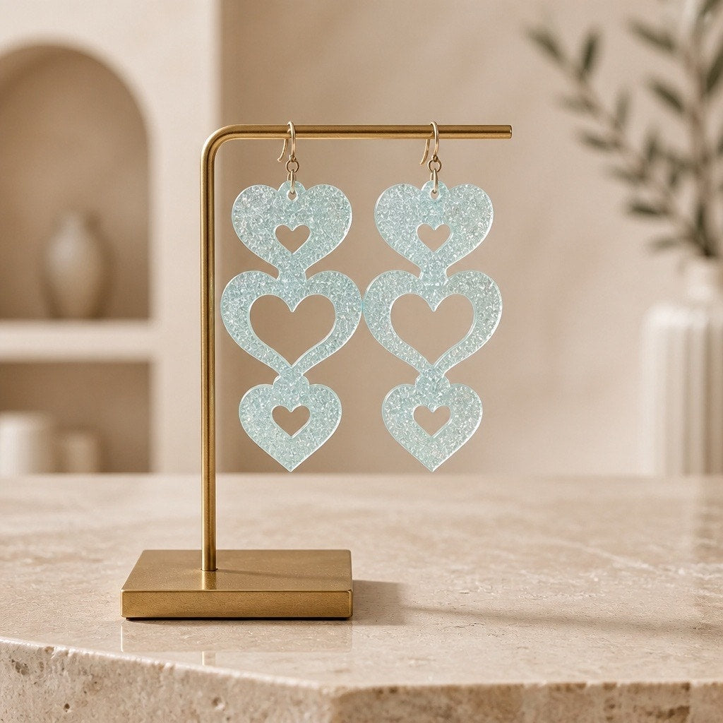 The Penelope Sweetheart Dangles – Whimsical Aqua Shimmer Chunky Heart Earrings-Handracted