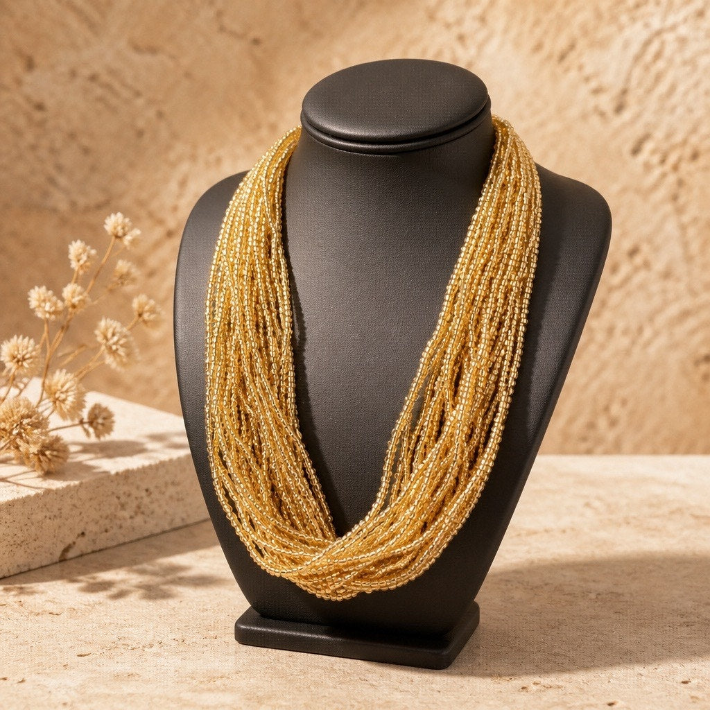 Vintage Liquid Gold Glass Multi-Strand Seed Bead Statement Necklace