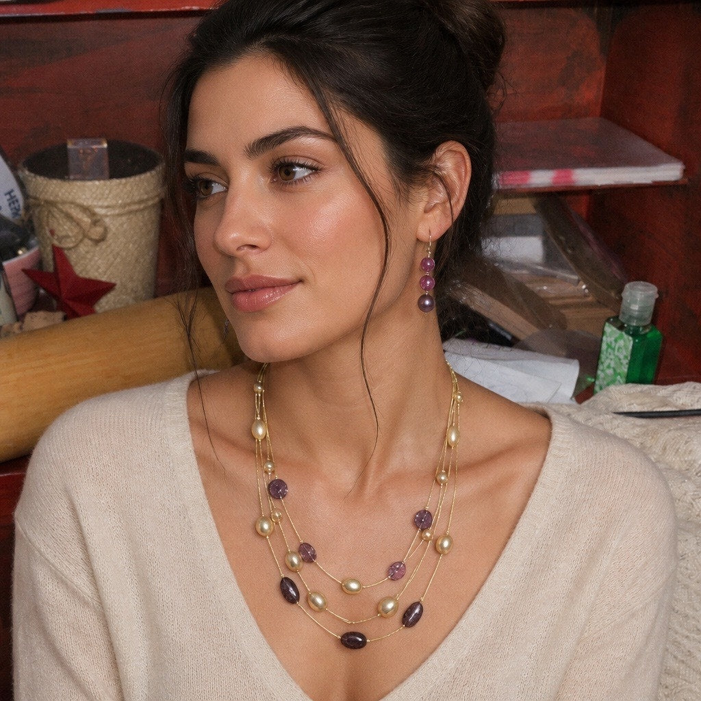 Retired Premier Designs 3-Strand Delicate Gold Layering Necklace with Dual Earring Curated Set