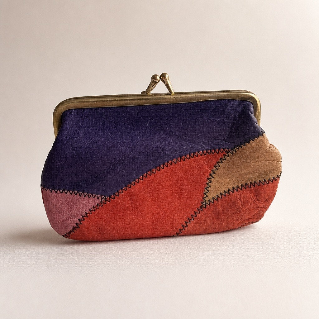 VTG Genuine Suede Patchwork Pouch Purple Red Orange Kisslock Change Wallet