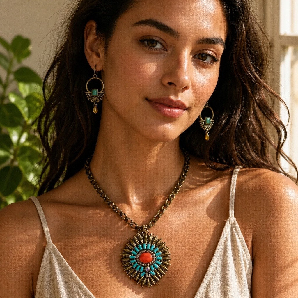 Two-in-One: Retired Premier Designs Signed "Prismatic" Reversible Southwestern Sunburst Necklace/ 2 Earrings Sets