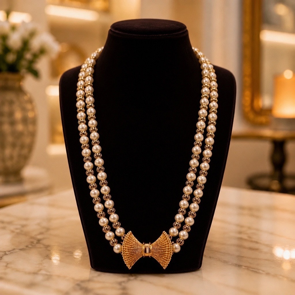 Gilded Estate Find • Vintage 3-Strand Fluted Gold Bead Pearl Statement Necklace ✨