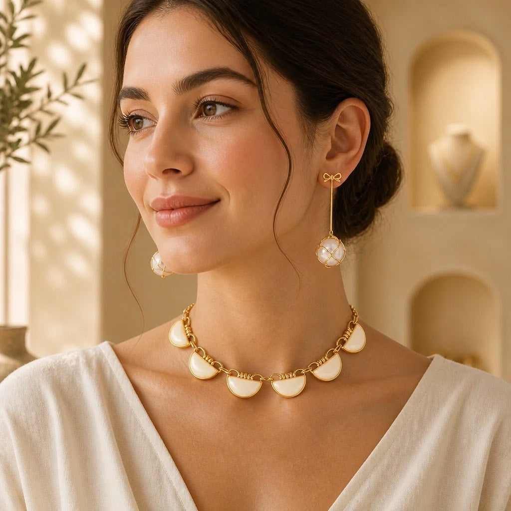 Vintage Mid-Century Cream Crescent Statement Choker & Bow Drop Earring Set 2pc