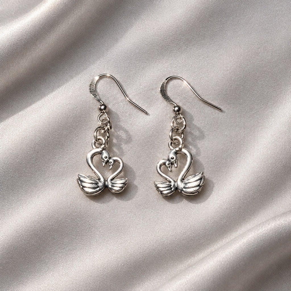 Silver-Plated Double Swan Heart Dangle Earrings
