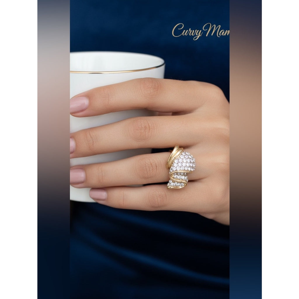 Gold and Clear Crystal Swirl Ring -adjustable