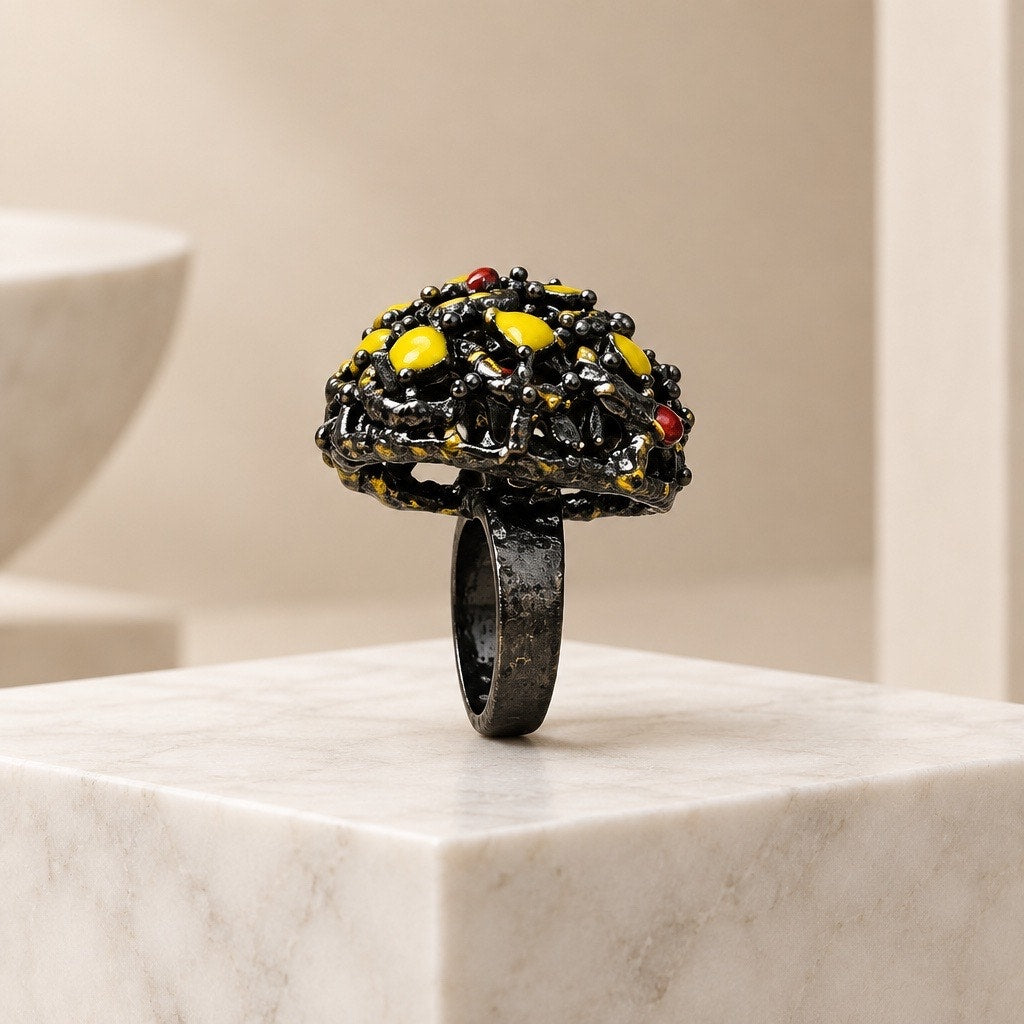 Vintage Brutalist Gunmetal Dome Avant-Garde Canary Yellow Enamel Statement Ring