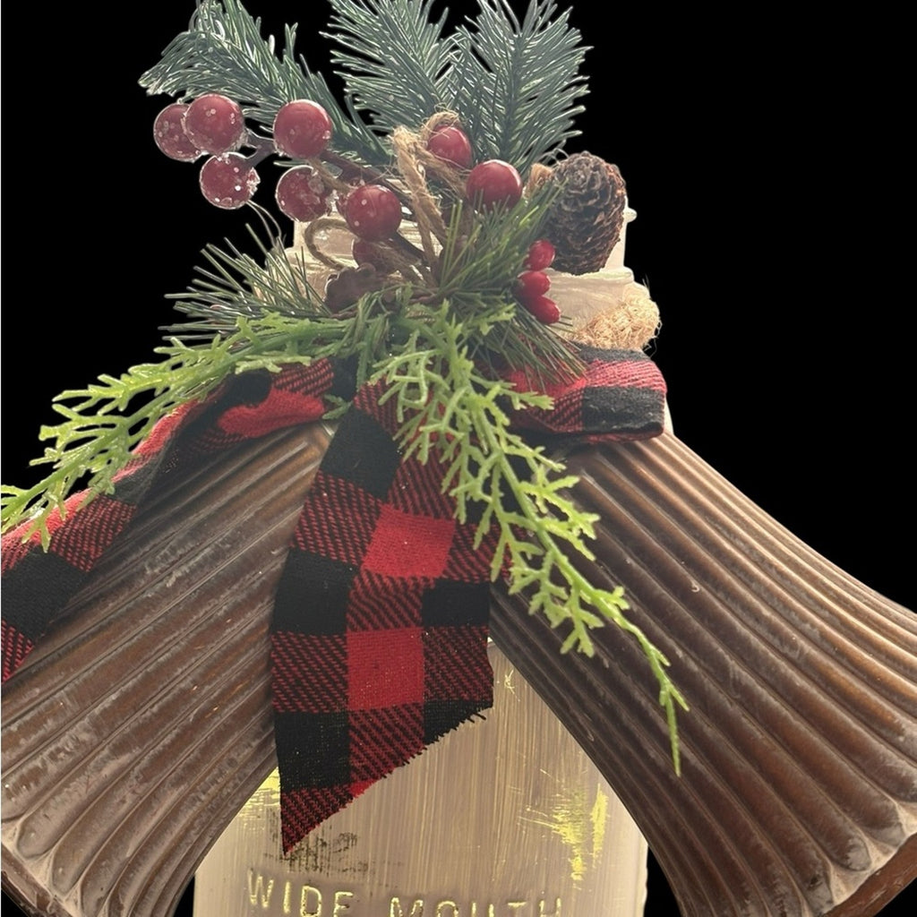 Led Lighted Wide Mouth Mason Jar Display with Rustic Bells