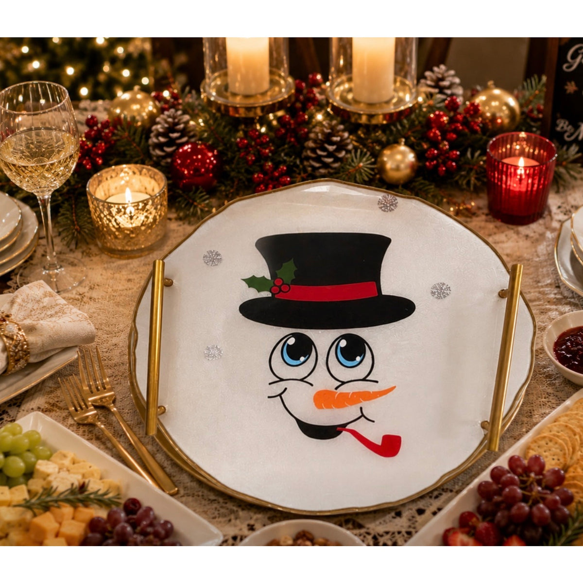 Handcrafted Festive Snowman Plate with Gold Accents