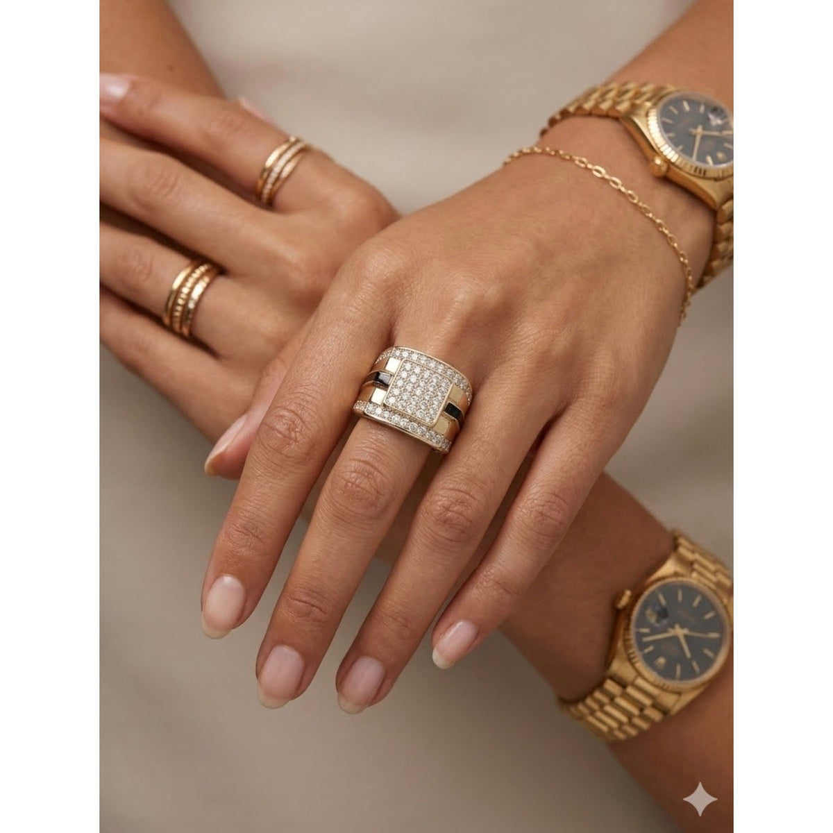 Men's 14K Gold Plated Two-Tone Iced Out Square Signet Ring Wide Pave Band