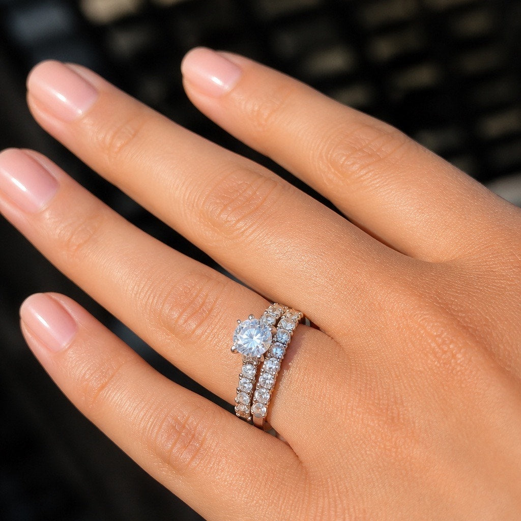 2-Piece Silvertone Multi-Stone Engagement Ring Set, Pave Round Cut Simulated Diamond Wedding Bands