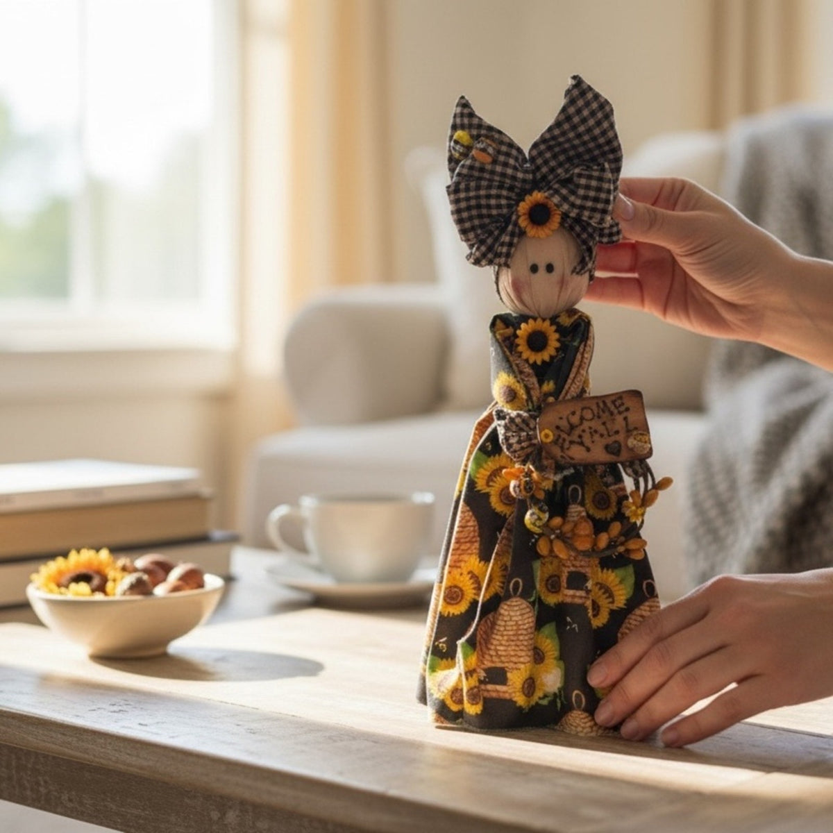 Handcrafted Primitive Sunflower Bee Welcome Y'all Doll