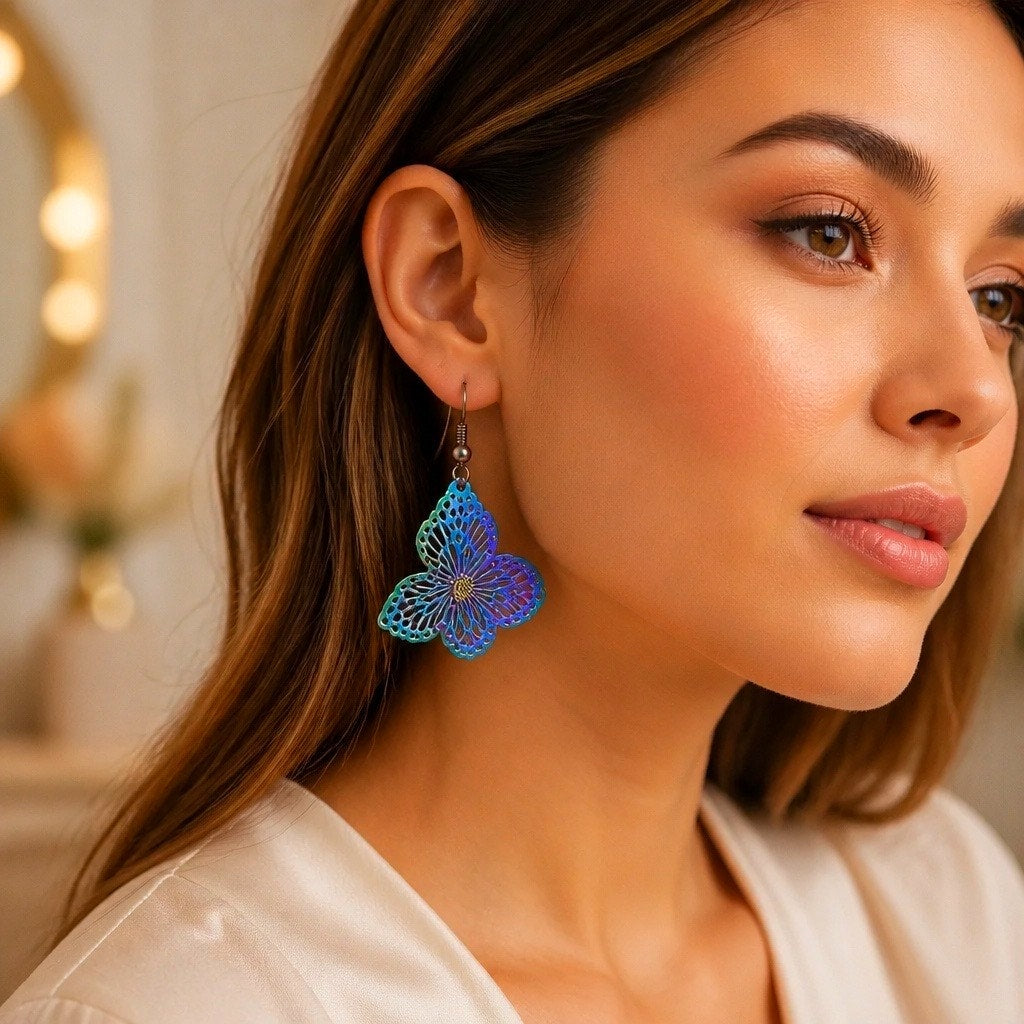 Iridescent Purple & Blue Butterfly Dangle Earrings