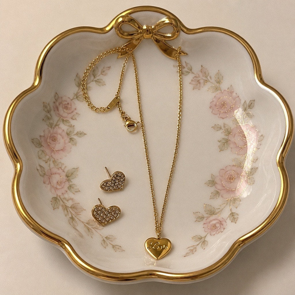 Vintage 18K Gold Plated "Love" Puffed Heart Necklace & Napier Earring Set