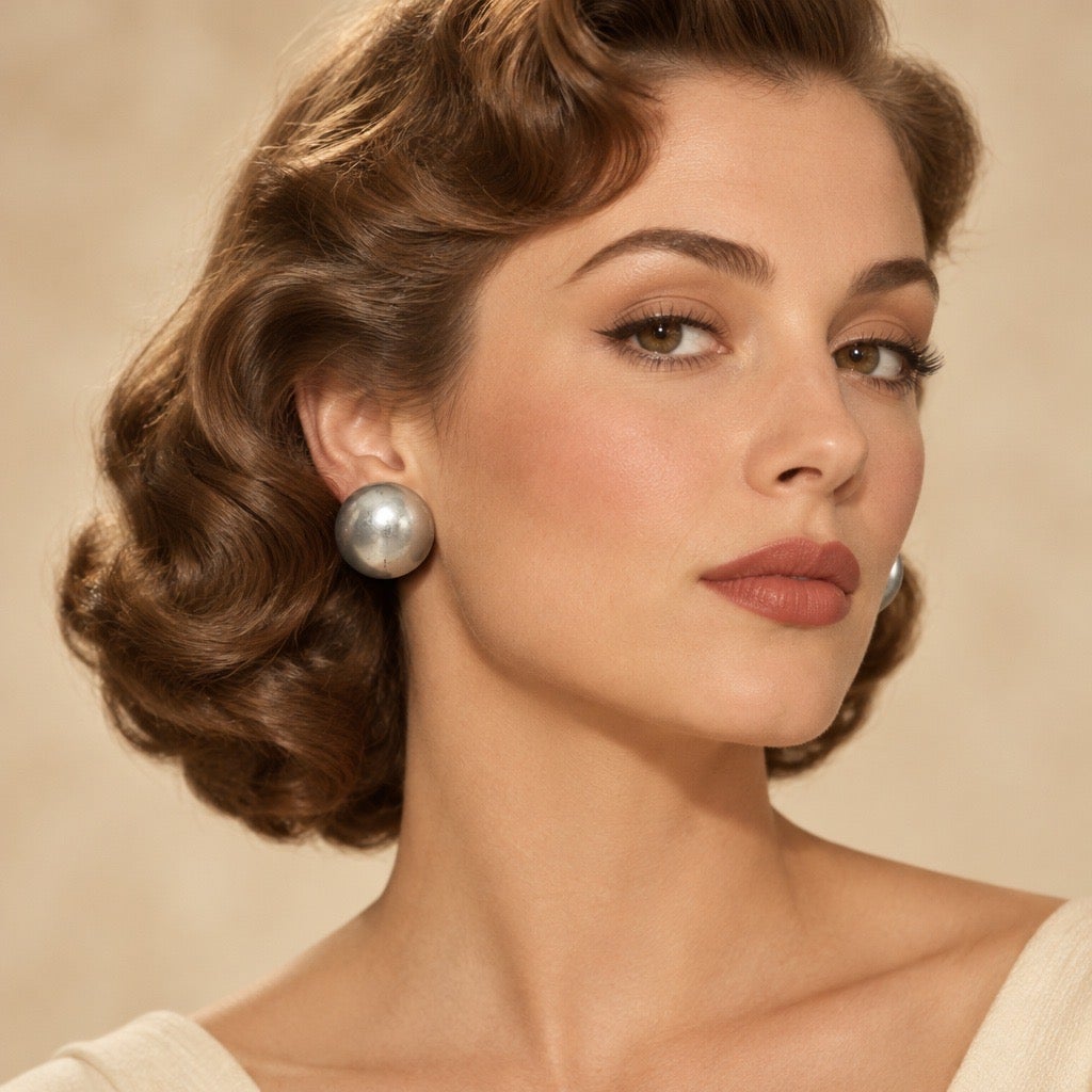 C.1940s Mid Century  Gold Tone Satin Pearl Domed Clip Ons