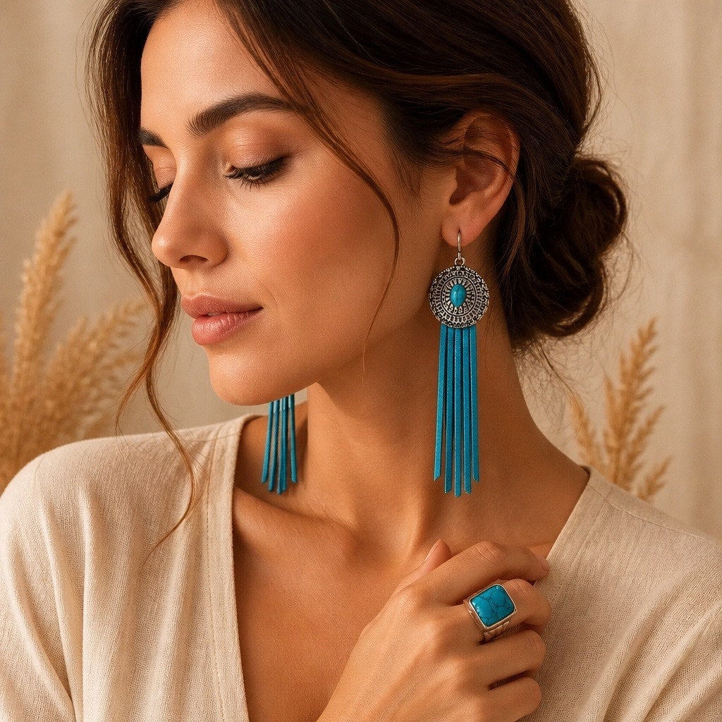 🌵 BOHO CHIC: Southwestern Turquoise Fringe Statement Set 🌵
