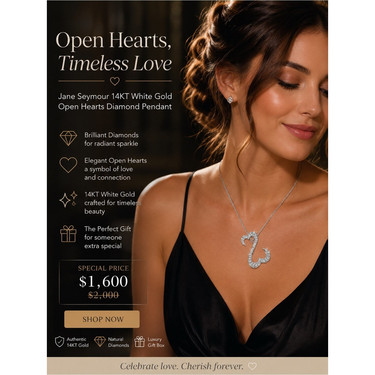Jane Seymour 14KT White Gold Hearts Diamond Pendant - about 2 carat diamonds
