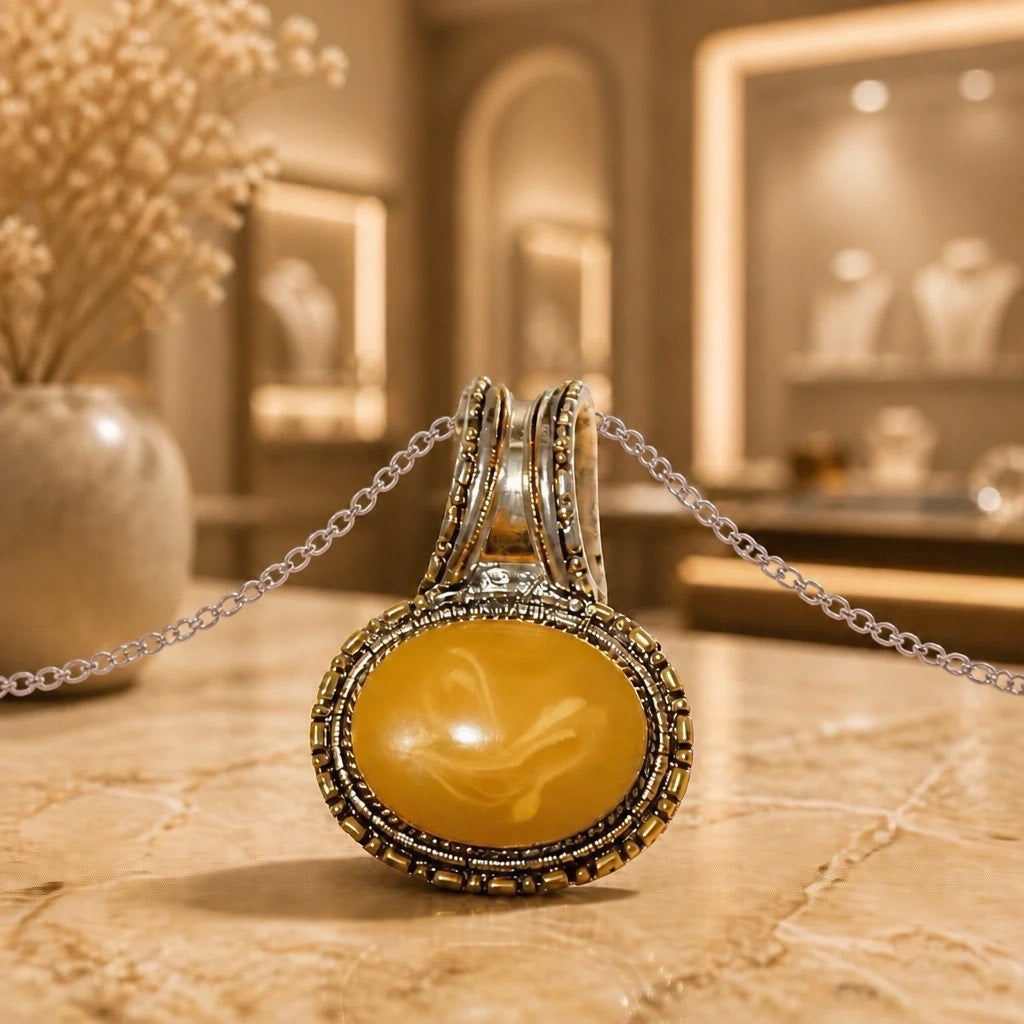 Vintage 1970 s Silver Tone Agate Yellow Swirl Art Stone Oval Medallion Pendant Large Textured Bale
