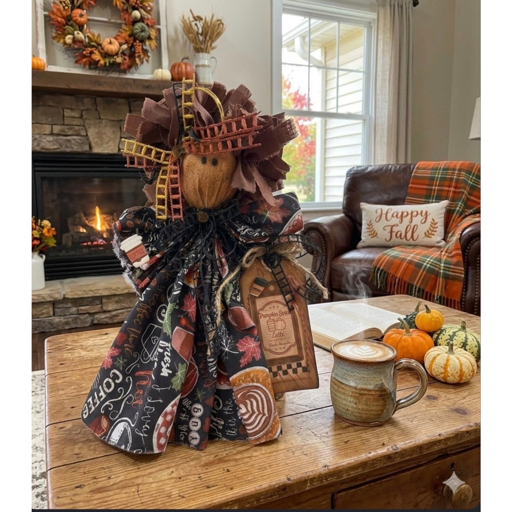 Handcrafted Primitive Fall Scarecrow Doll Coffee Shop Decor Autumn Tiered Tray Accent