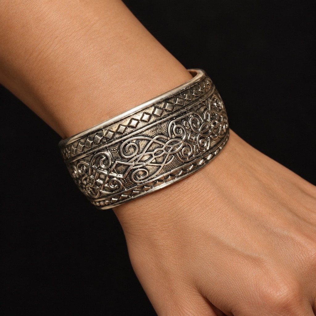 Vintage Engraved Cuff Bracelet - Antique Finish