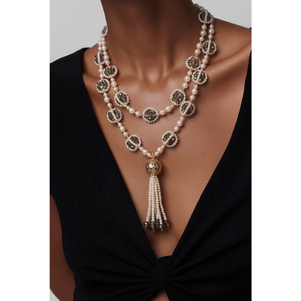 Vintage Juliet Pearl Flapper Necklace - Gold Filigree Cap Tassel Sautoir