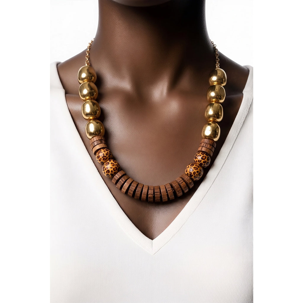 The Serengeti Strand – Natural Wood, Gold, & Leopard Print Statement Necklace