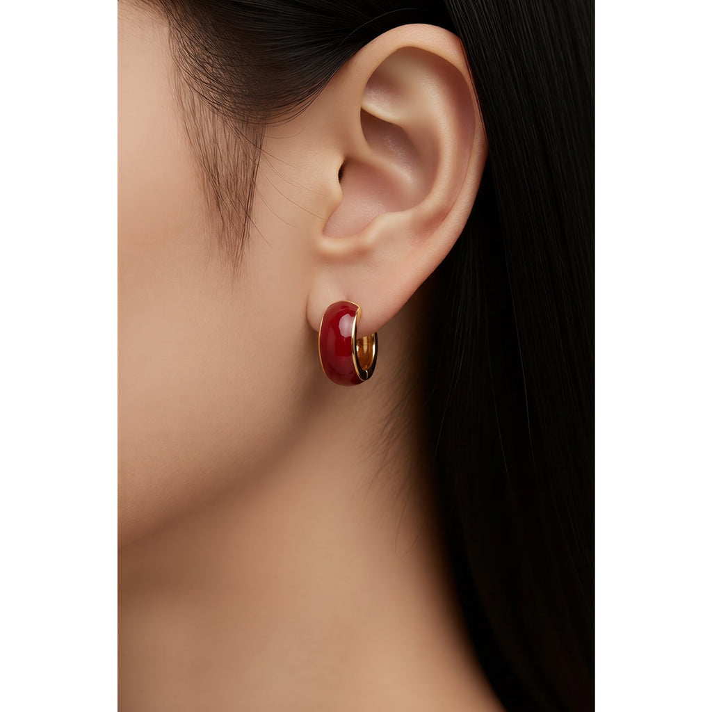 Two-Tone Crimson Red and Gold Plated Hoop Earrings | Thick Glossy Fashion Huggies
