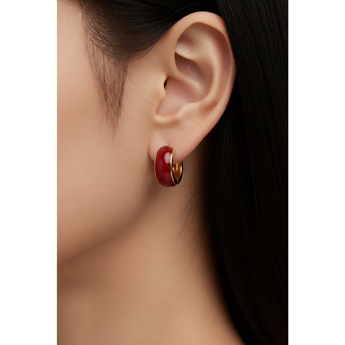 Two-Tone Crimson Red and Gold Plated Hoop Earrings | Thick Glossy Fashion Huggies