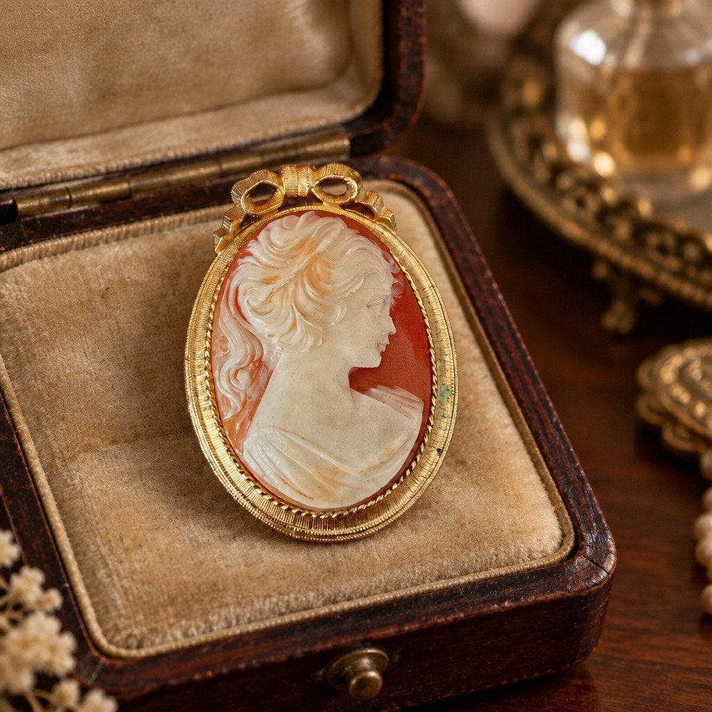 VTG 1950s  LISNER Cameo Pendant Lady Portrait with Ribbon Bow Frame