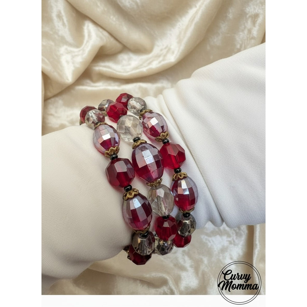 Vintage Mid-Century Ruby Red & Clear Faceted Glass Triple-Strand Vintage Bracelet