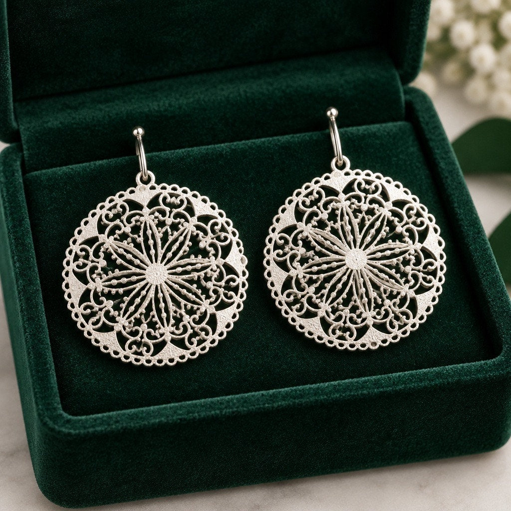 Vintage Silver Intricate Filigree Mandala Drop Earrings Ornate Circle Dangle