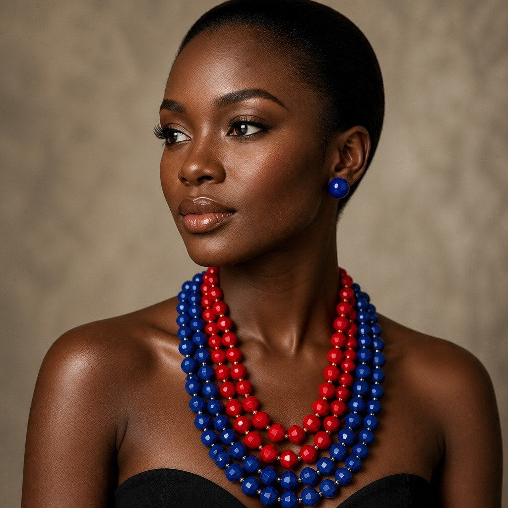 Retired Premier Designs Royal Blue and Red Beaded Multi-Row Necklace & Dual Earring Set