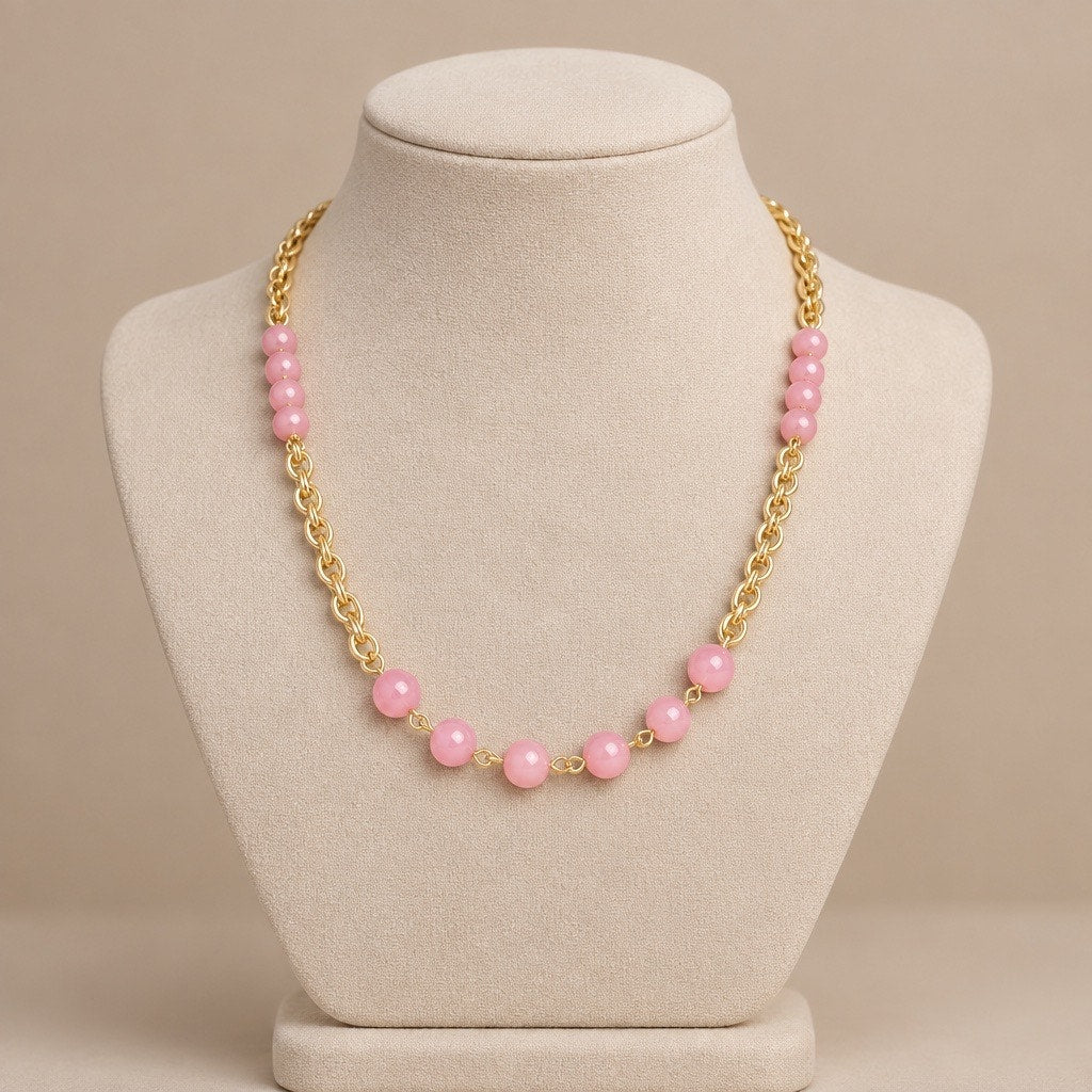Vintage Chic Pastel Pink Round Bead & Polished Gold Link Statement Necklace