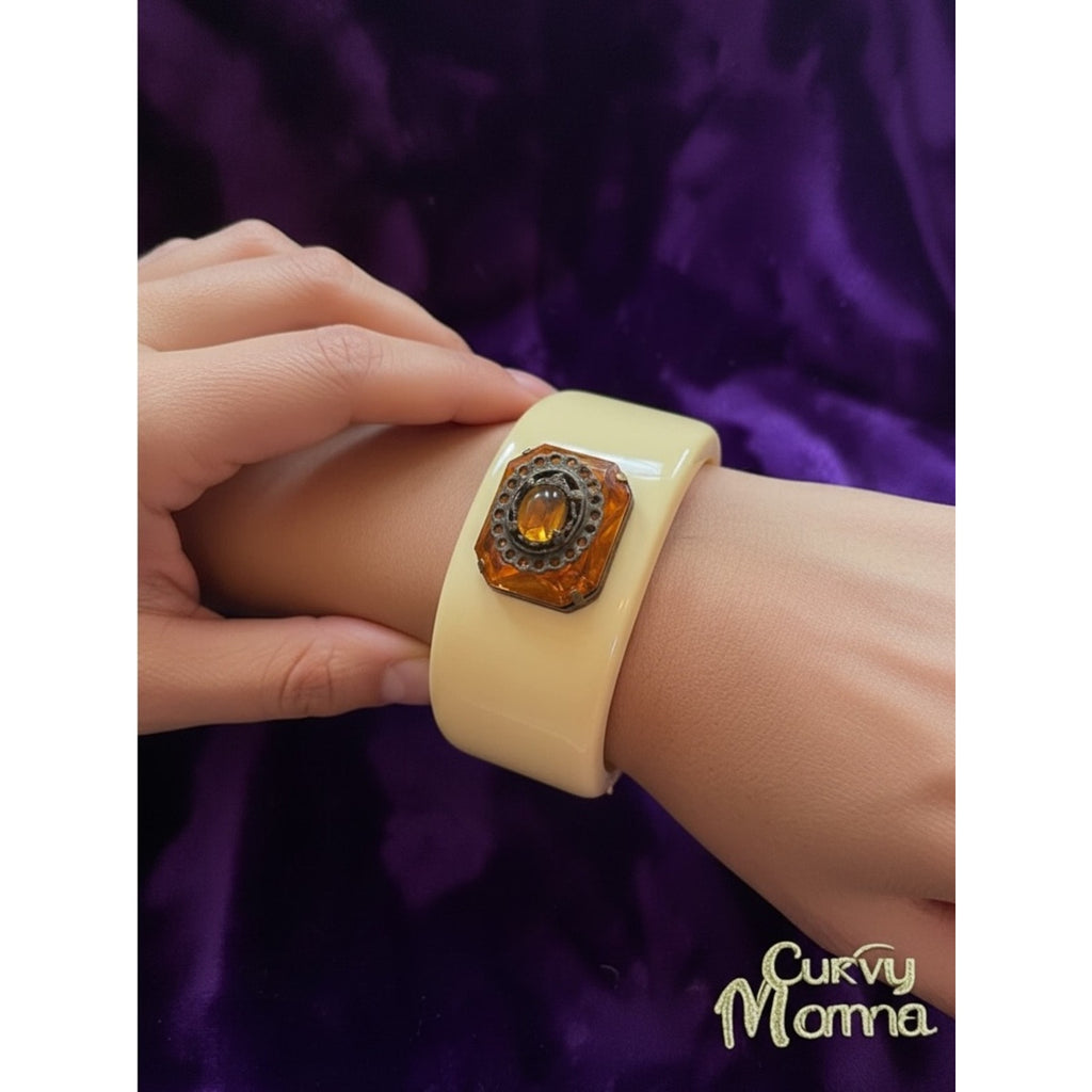intage Chunky Cream Clamper Cuff Bracelet • Amber Rhinestone Focal
