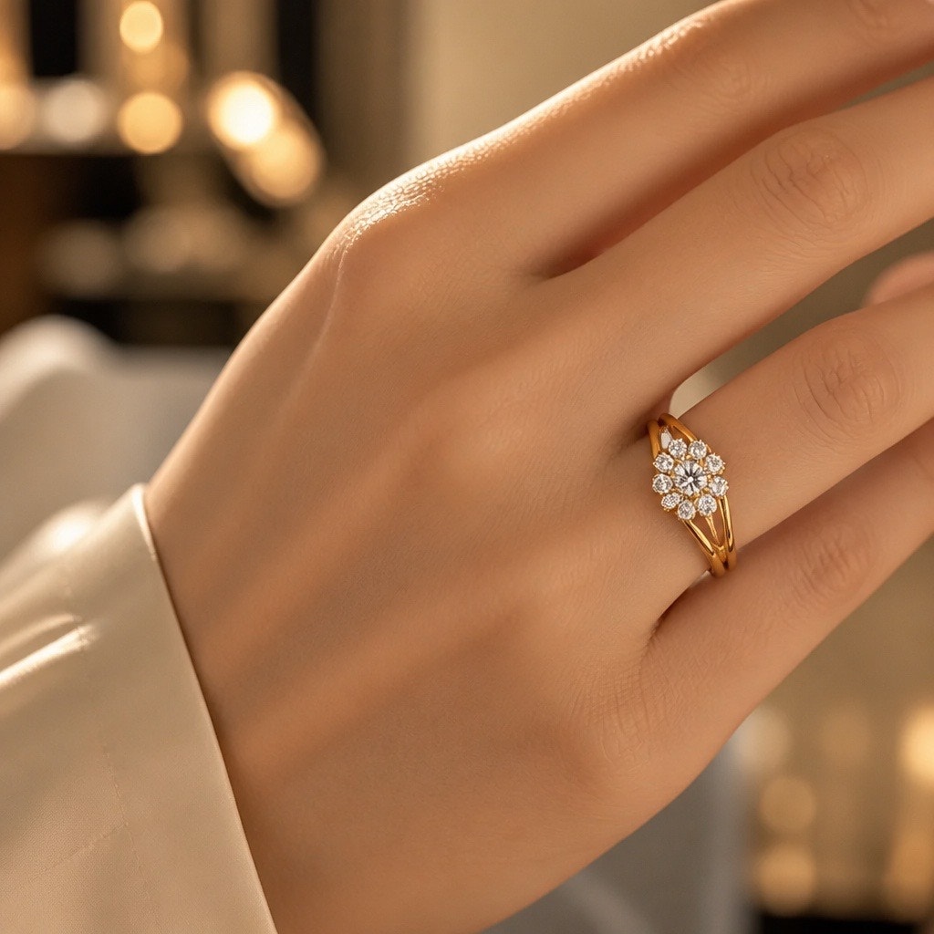 Gold Flower Cluster Ring with White Stones adjustable