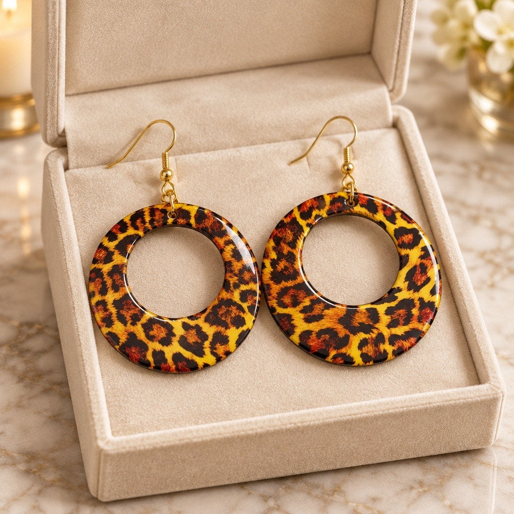 Vintage Tortoise Shell Leopard Animal Print Large Circle Earrings