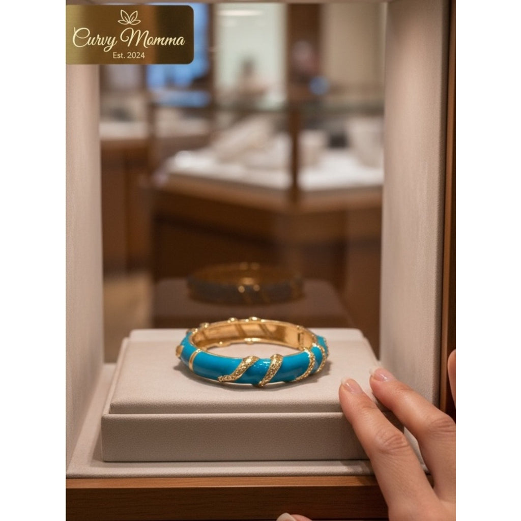 Premier Designs Vintage Turquoise Enamel Gold Hinged Bangle Bracelet