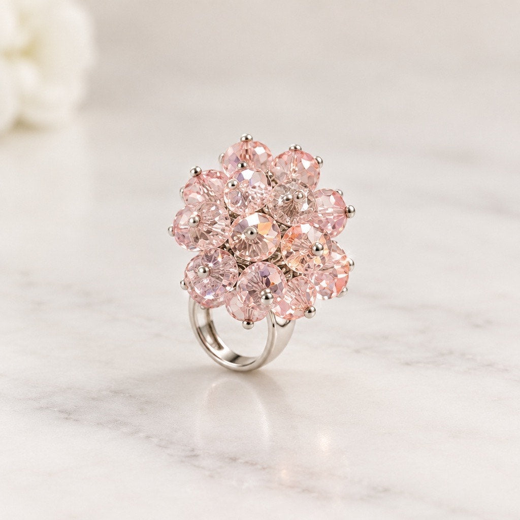 Vintage 1950s RARE The Blush Blossom Crystal Cocktail Ring