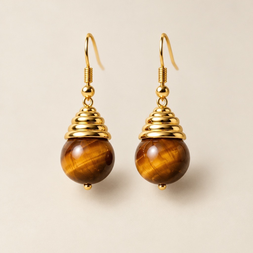c.1976 Tiger's Eye Orb Drop Earrings, Fluted Gold Architectural Statement Drops