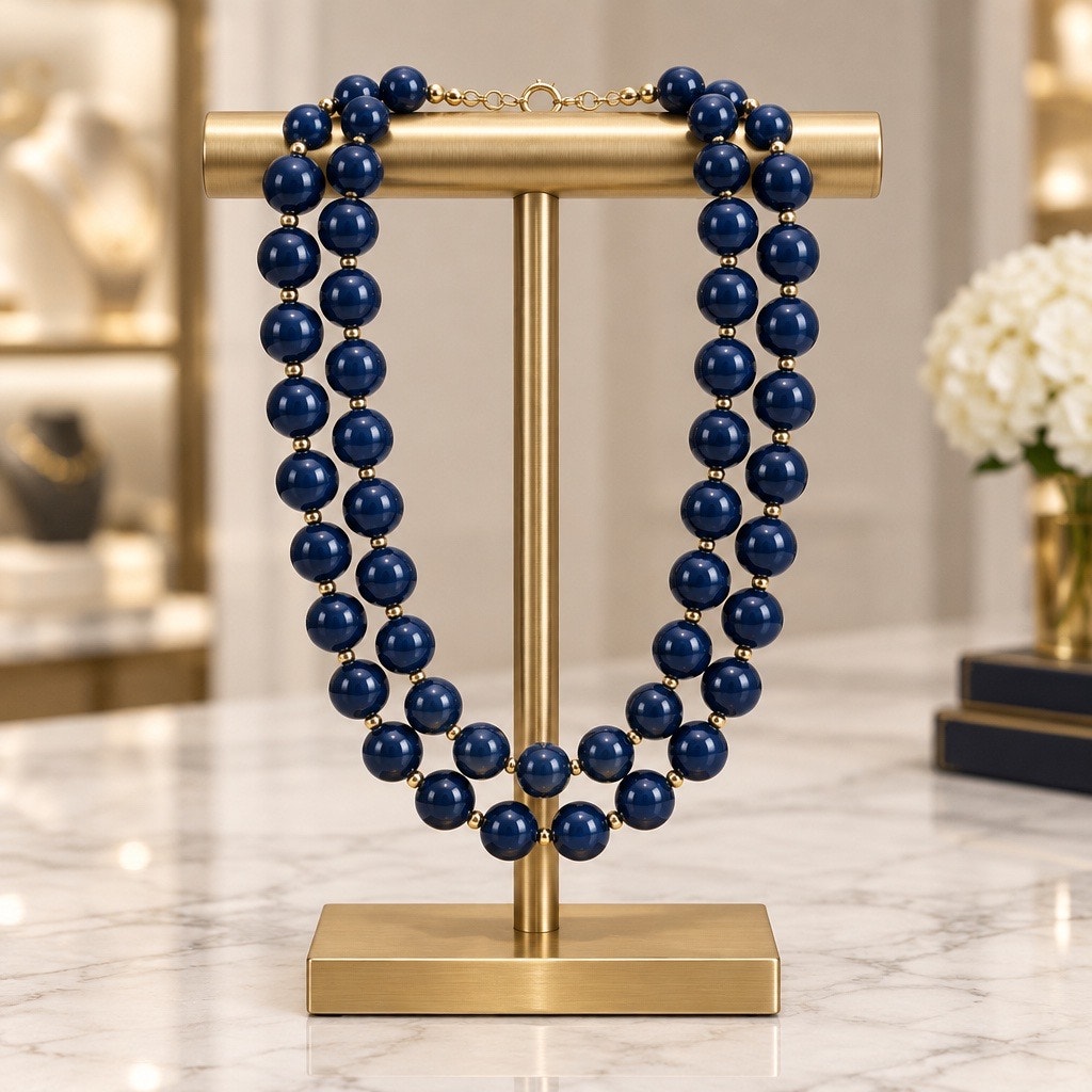 Vintage Navy Blue Double Strand Chunky Bead Necklace Gold Accents