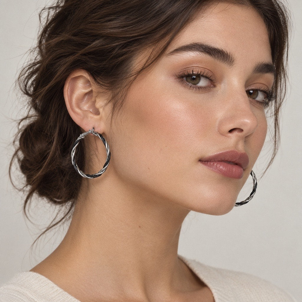 Vintage-Style Metallic Silver and Black Intertwined Wire Large Hoops with Saddle Backs