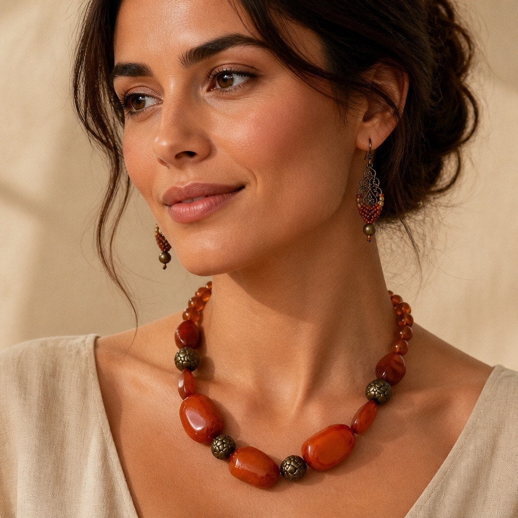 1970 s Vintage Chunky Carnelian Agate & Orange Resin Bead Statement Necklace Earring Sets  – 2 for 1
