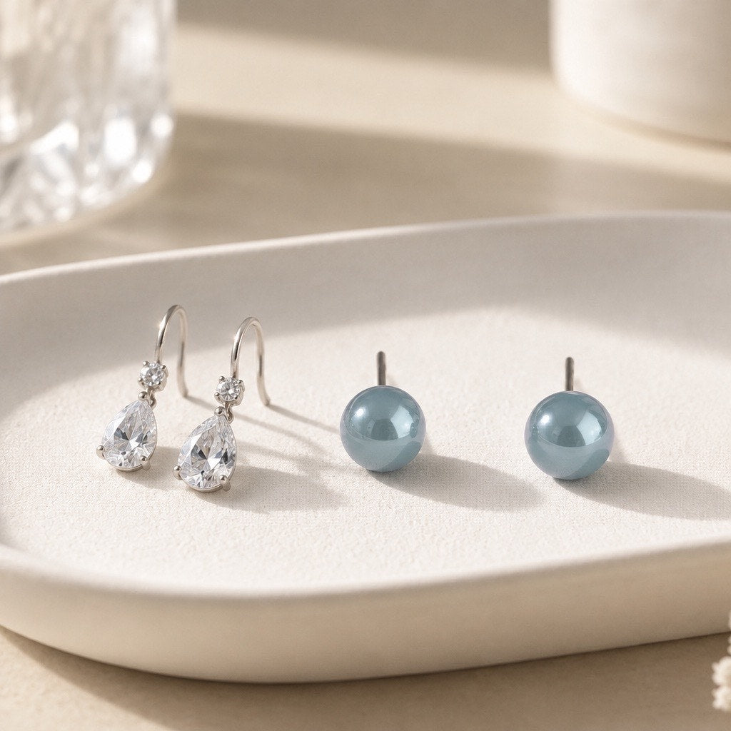 Dusty Blue Pearl Stud Earrings | Minimalist Round Slate Blue Pearl Posts
