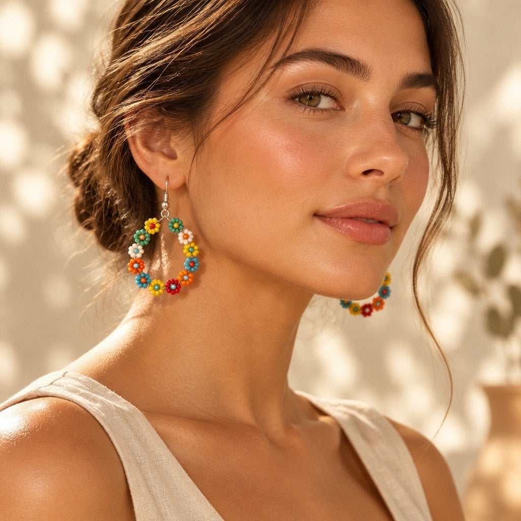 c.1971 Beaded Daisy Chain Hoop Earrings, Multi Color Glass Seed Bead Loops