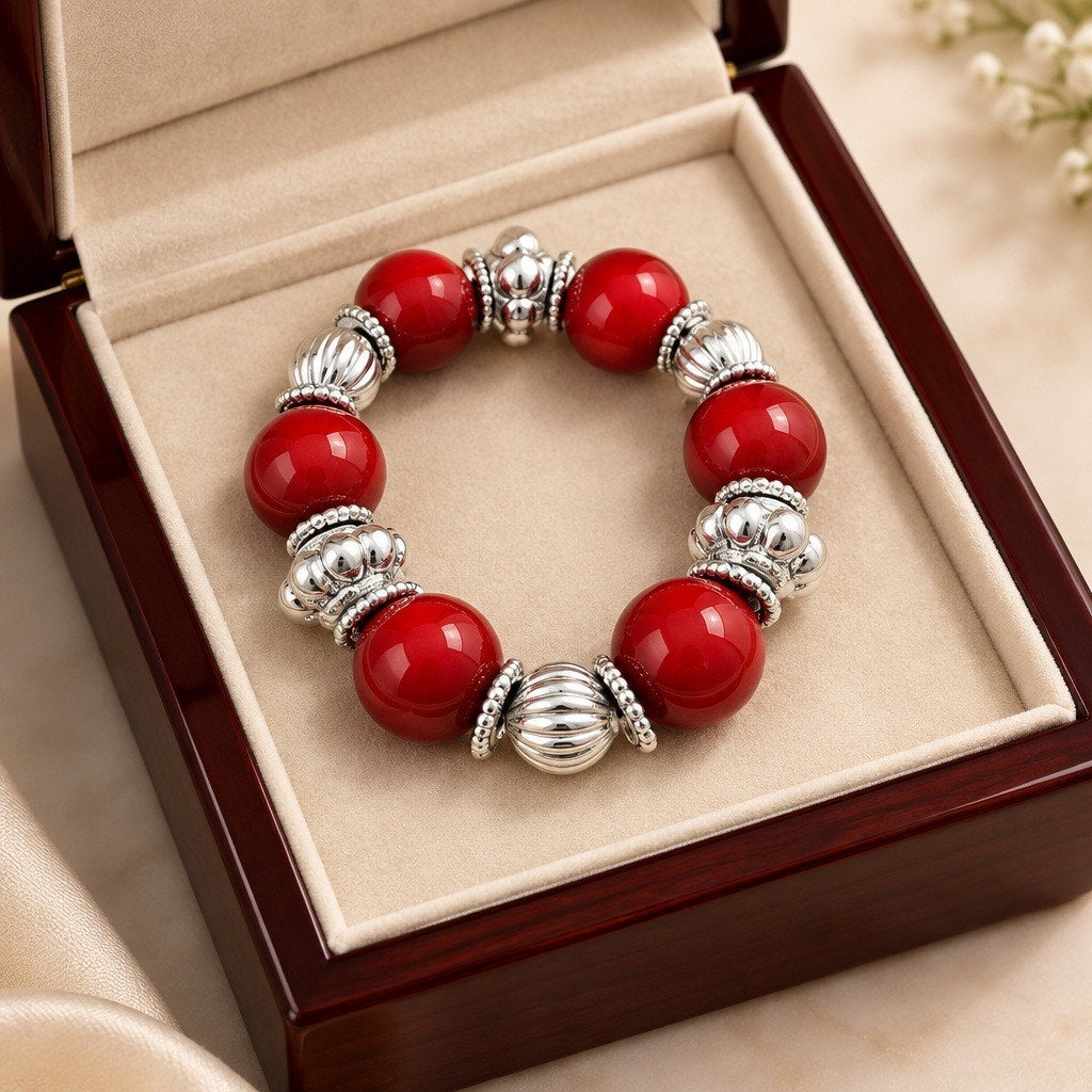 Wine Read Beaded Stretch Bracelet with Silver Accents