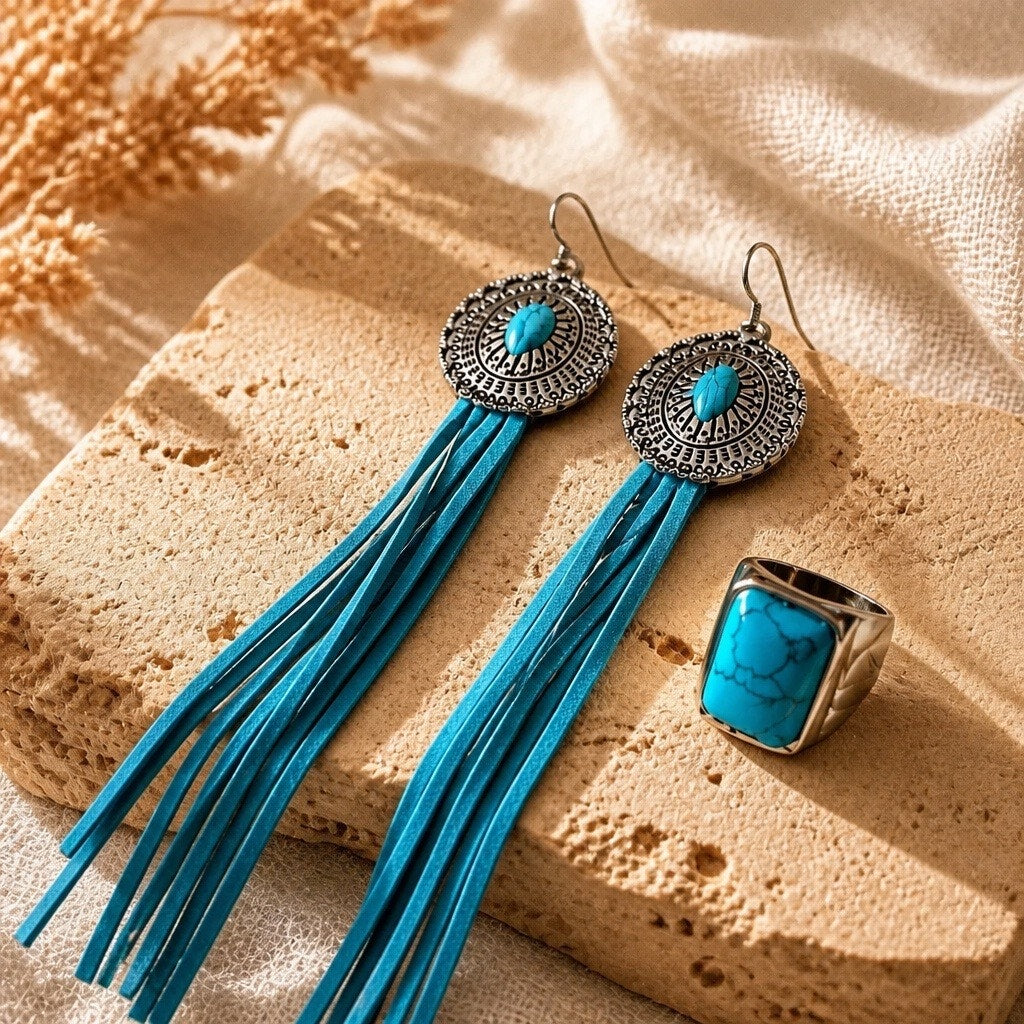 🌵 BOHO CHIC: Southwestern Turquoise Fringe Statement Set 🌵