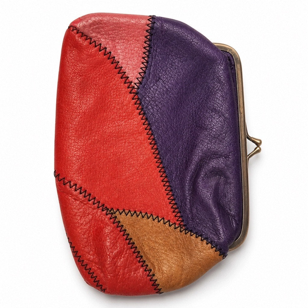 VTG Genuine Suede Patchwork Pouch Purple Red Orange Kisslock Change Wallet
