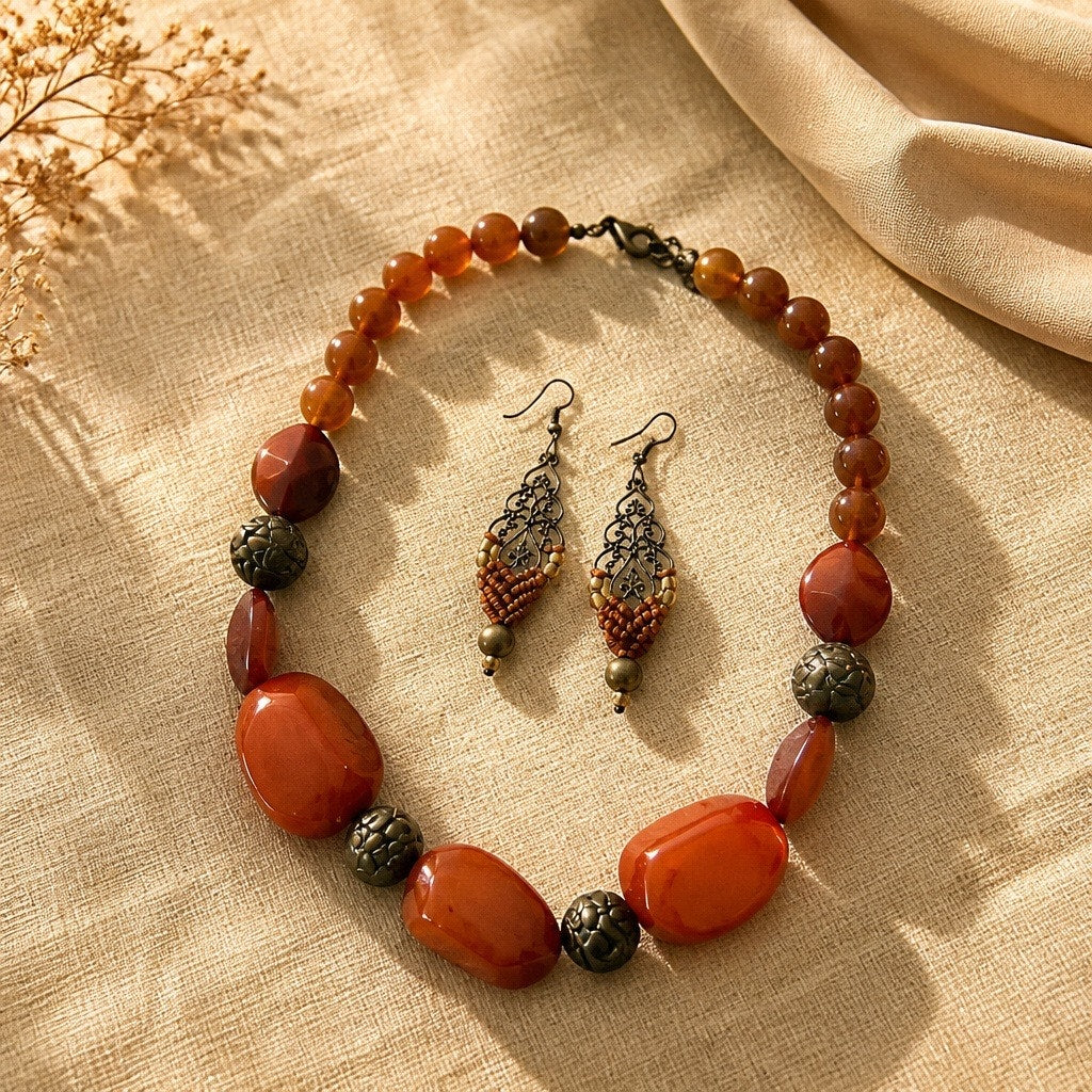 1970 s Vintage Chunky Carnelian Agate & Orange Resin Bead Statement Necklace Earring Sets  – 2 for 1