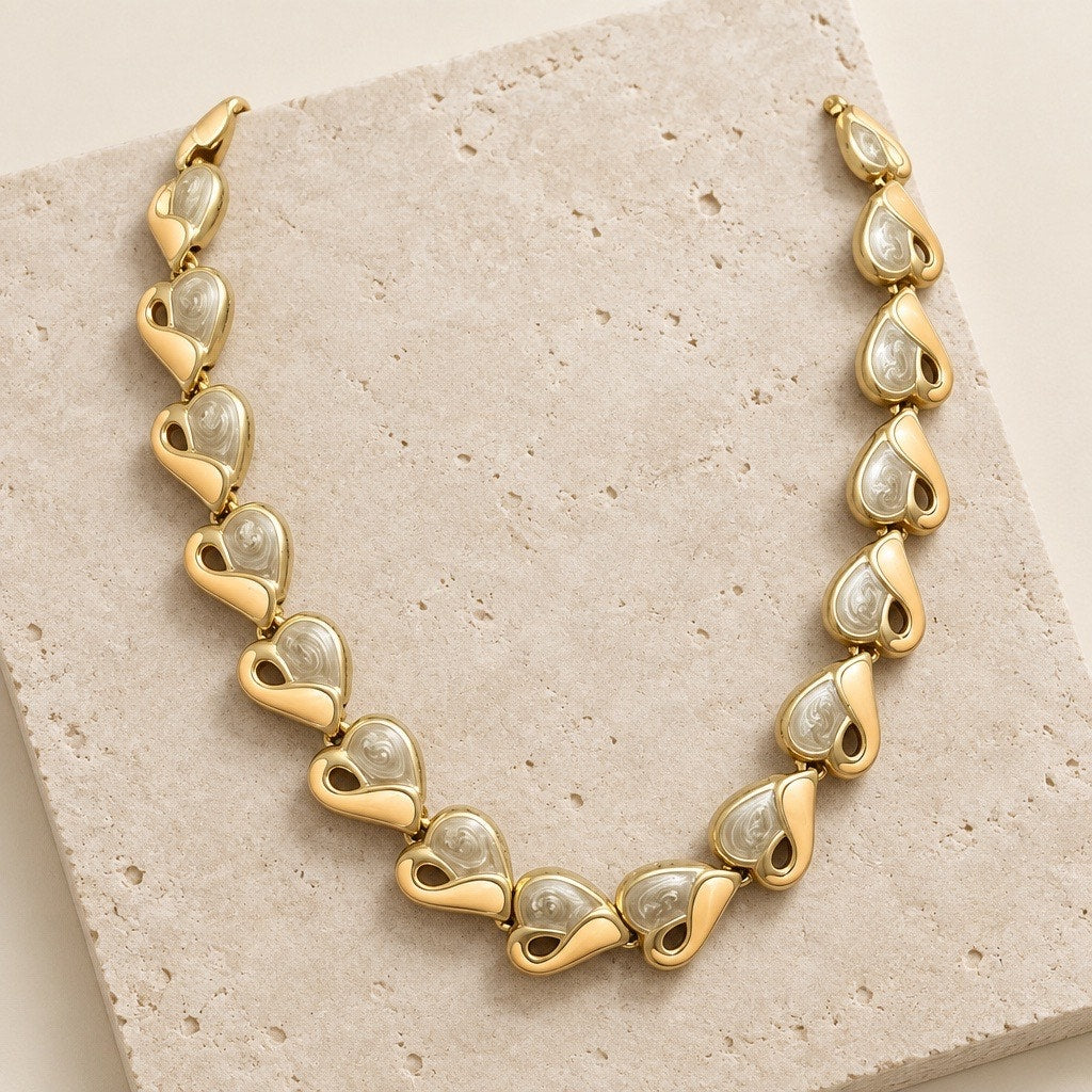 Vintage Gold Plated Heart Collar Necklace, Enamel Inlay Statement Choker