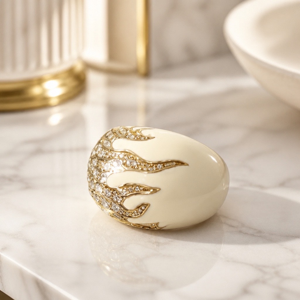 The Solar Eclipse Collection: Vintage Cream Enamel & Rhinestone Flame Dome Ring